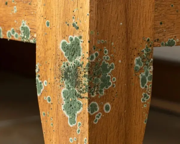 Moisissure verte envahit un meuble en bois. Il est temps d'enlever moisissure bois pour restaurer sa beauté.