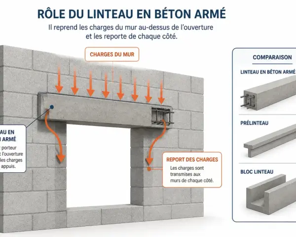 Illustration du rôle d'un linteau en béton armé : il reprend les charges du mur au-dessus d'une ouverture et les reporte sur les appuis.