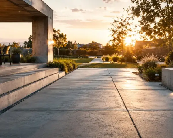 Allée en dalles de béton moderne, avec escalier et jardin paysager au coucher du soleil. Estimation du prix dalle béton 100m2.