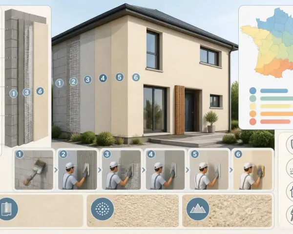 Étapes pour le prix d'un crépi de maison de 200m2. Illustration des matériaux et techniques pour un enduit extérieur.