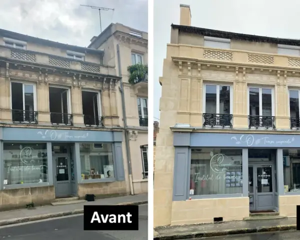 Avant/Après : une façade en pierre de taille transformée par une rénovation. L'institut de beauté "Temps Suspendu" retrouve son éclat.