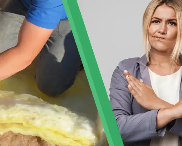 Pose de matériau isolant pour une isolation phonique de cloison. Une femme fait un signe d'interdiction.
