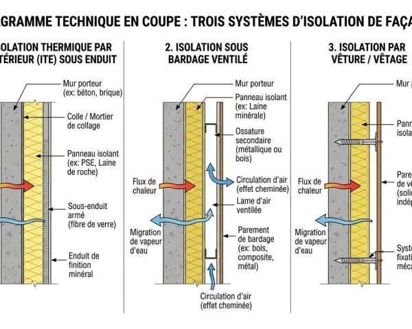 Diagramme comparant trois systèmes d'isolation de façade : ITE sous enduit, bardage ventilé et vêture. L'isolation sous enduit est la première option présentée.