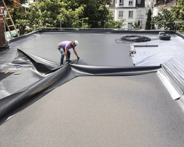 Un ouvrier pose une membrane pour l'étanchéité d'une terrasse en béton. Le travail est en cours.