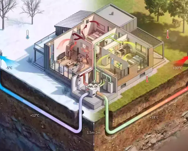 Schéma d'une maison avec un puit canadien. L'air extérieur est préchauffé ou pré-refroidi par la terre avant d'entrer dans la maison.