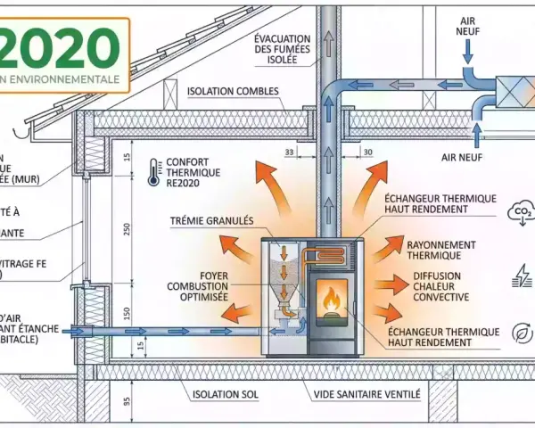 Schéma d'un poêle à granulés RE2020, montrant l'installation, l'isolation, la ventilation et la récupération d'énergie pour un confort thermique optimal.
