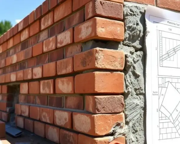 Mur en briques rouges, avec un plan de construction affiché. Le mortier sans retrait assure une pose parfaite.