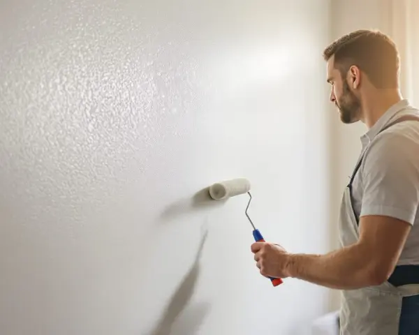 Un peintre applique un crépi au rouleau sur un mur blanc. La lumière du soleil éclaire la scène.