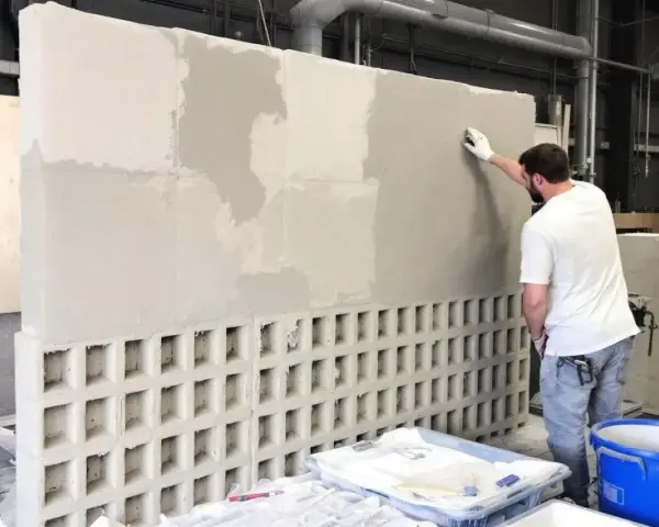 Un homme applique un enduit sur un mur en parpaings creux. L'épaisseur de l'enduit est visible par les zones plus claires et plus sombres.
