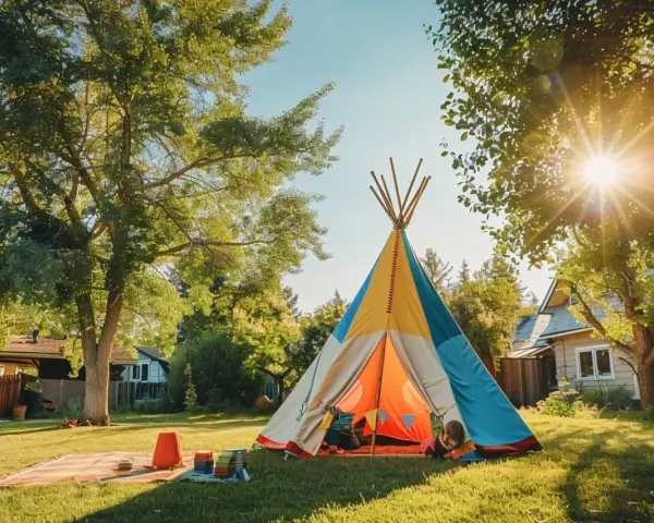 Un enfant joue dans un tipi coloré, parfait pour fabriquer un tipi extérieur en bois. Le soleil brille à travers les arbres.
