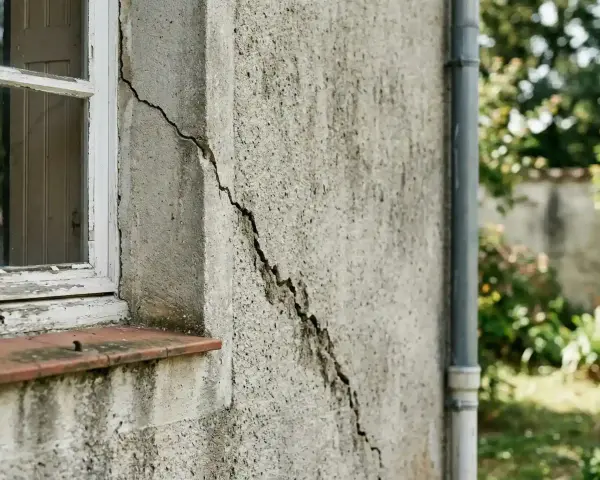 Grosse fissure sur mur extérieur près d'une fenêtre, nécessitant une réparation. Le crépi est abîmé.