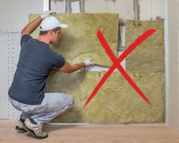 Un ouvrier installe un isolant bruit mur. Une croix rouge indique une mauvaise pose.