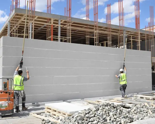 Chantier de construction : deux ouvriers installent un mur en siporex extérieur. Le bâtiment en cours de construction est visible en arrière-plan.