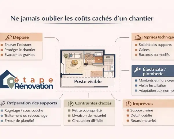 Schéma des coûts cachés d'un chantier de rénovation maison : dépose, reprises techniques, électricité/plomberie, réparation, contraintes d'accès, imprévus.