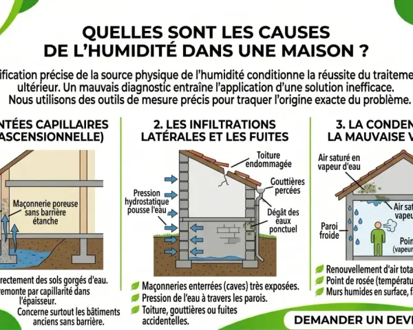 Illustration des causes d'humidité dans une maison : remontées capillaires du sol, infiltrations, et condensation.