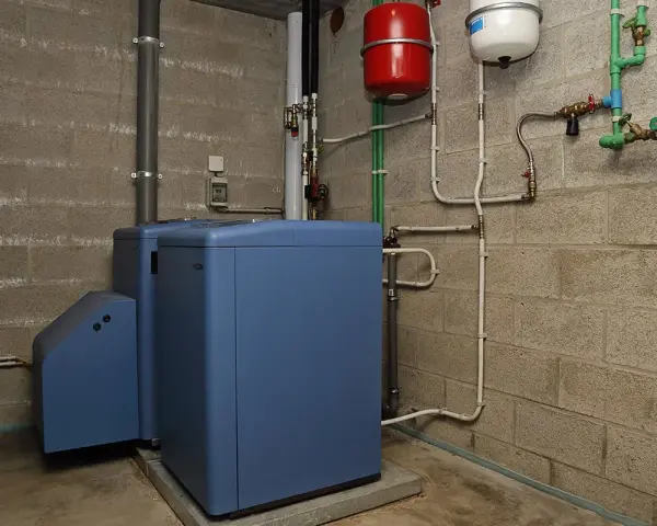 Chaudière fioul bleue dans une chaufferie, avec réservoirs rouge et blanc. Le prix du chauffage fioul est une préoccupation.