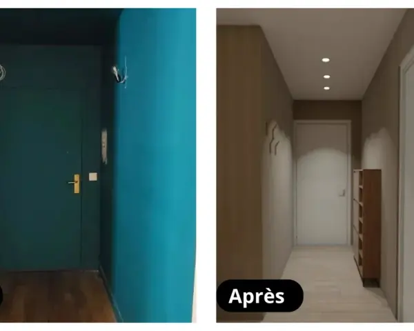 Avant/Après : un couloir transformé avec une peinture couloir moderne, plus lumineux et organisé.