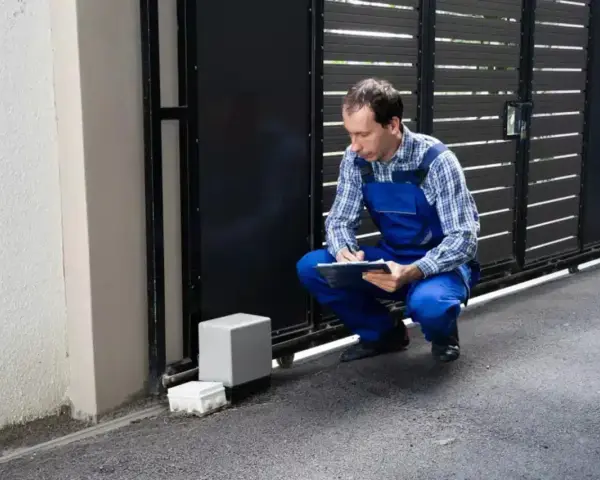 Technicien vérifiant le passage de gaine pour portail coulissant. Il note des informations sur un bloc-notes.