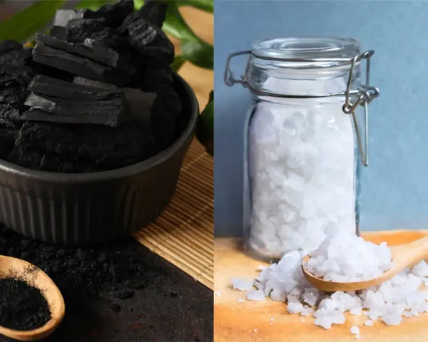 Charbon et gros sel, deux absorbeurs d'humidité naturels. Le charbon en morceaux et en poudre dans un bol, le sel dans un bocal en verre.