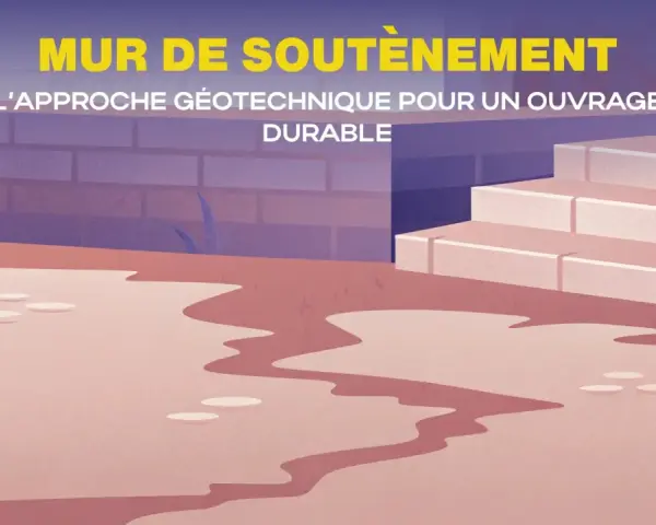 Illustration d'un mur de soutènement en briques, avec des marches en pierre et des plantes. Le titre "MUR DE SOUTÈNEMENT" est affiché.