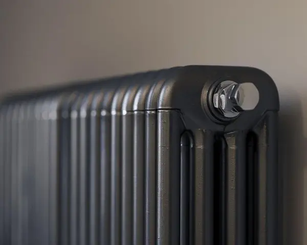 Gros plan sur un radiateur bain d'huile noir, avec un bouchon chromé visible. Un élément clé pour gérer la consommation d'énergie.