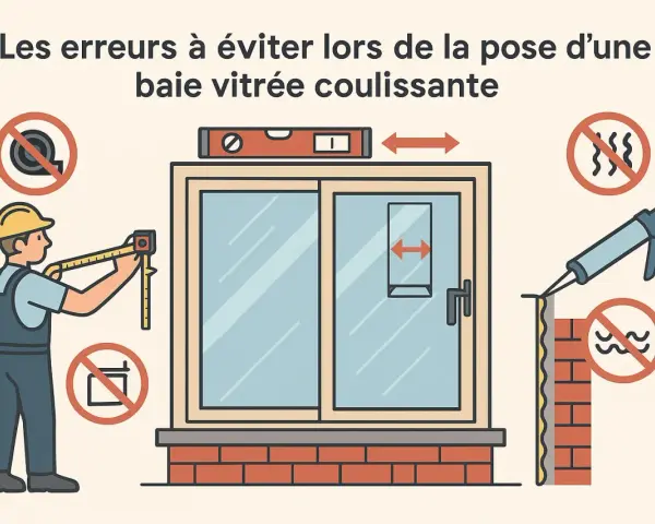 Un poseur mesure une baie vitrée coulissante. L'image illustre les erreurs à éviter lors de la pose d'une baie vitrée, notamment l'usage d'un mètre ruban, le niveau à bulle et le joint d'étanchéité.