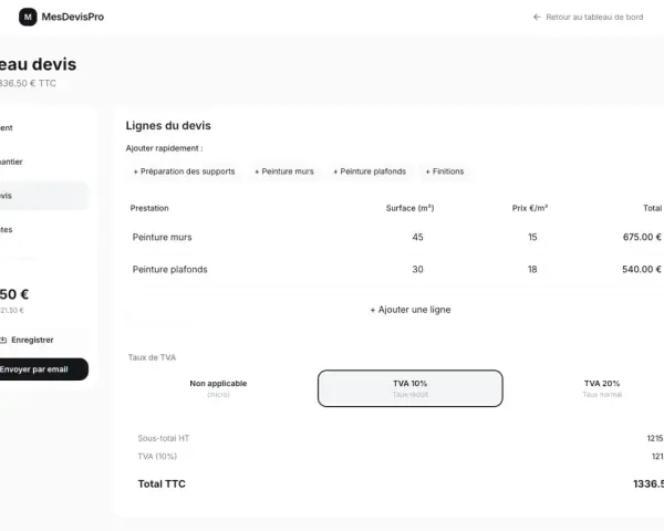 Un exemple devis peinture pour murs et plafonds, avec détails des prestations, surfaces, prix et TVA. Total TTC 1336.50 €.