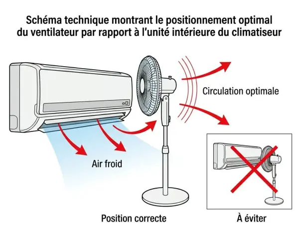 Schéma montrant comment positionner un ventilateur pour une circulation d'air optimale avec un climatiseur. Position correcte : ventilateur face à l'air froid. À éviter : ventilateur derrière le climatiseur.
