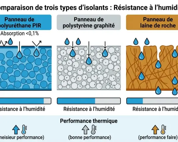 Ce tableau comparatif d'isolants thermiques montre la résistance à l'humidité du polyuréthane PIR, du polystyrène graphité et de la laine de roche.