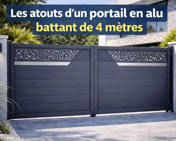 Un portail battant en aluminium de 4 mètres, moderne et élégant, avec un motif décoratif ajouré sur le dessus.