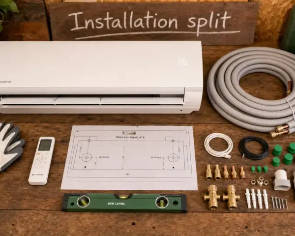 Tout le nécessaire pour installer la clim chez soi : unité intérieure, tuyaux, télécommande, niveau, gabarit de perçage et accessoires.