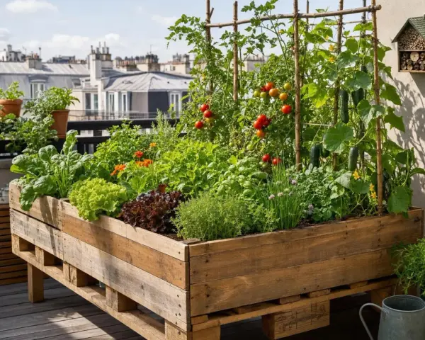 Un potager luxuriant sur un balcon, avec des tomates, concombres et salades dans une **déco jardin** en **palette**. L'**exterieur** est aménagé avec soin.