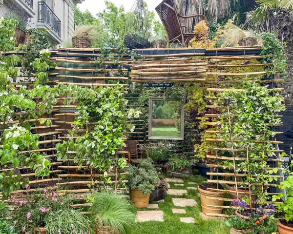 Une **pose brise vue** naturelle et luxuriante, faite de bois flotté et de plantes grimpantes, avec un miroir reflétant un paysage verdoyant.