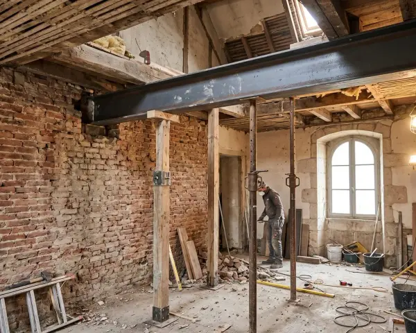 Un ouvrier travaille sous une poutre métallique soutenue par des étais, remplaçant un ipn mur porteur dans une maison en rénovation.