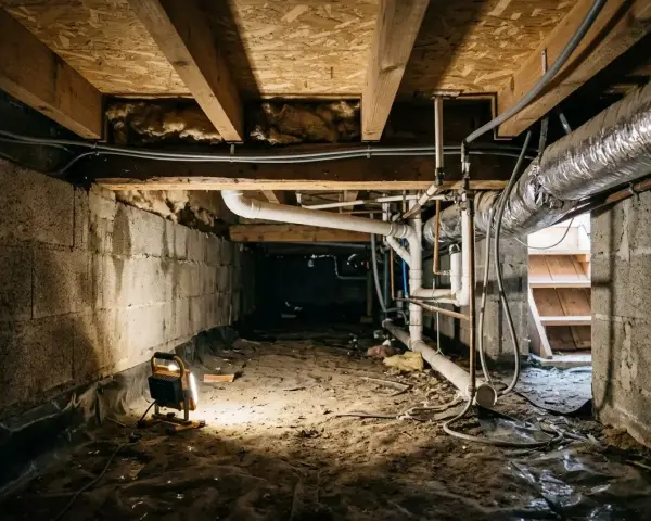 Éclairage d'un vide sanitaire humide, révélant des tuyaux, des conduits et des murs en blocs de béton.