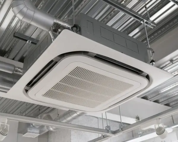 Unité de climatisation par le plafond, discrète et efficace, intégrée dans un faux plafond avec des conduits d'air apparents.