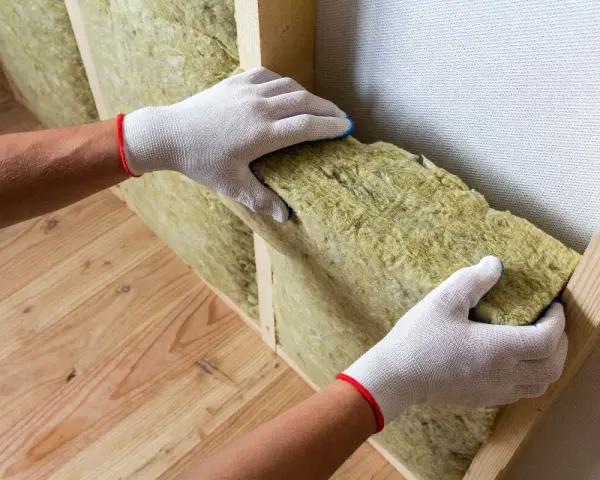 Mains gantées installent un isolant pour aider à isoler un mur humide.