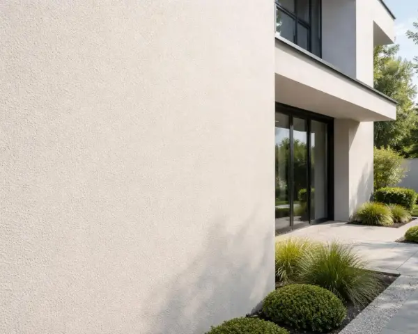 Un mur extérieur en enduit taloché blanc, avec une texture subtile, bordant un jardin moderne aux lignes épurées.