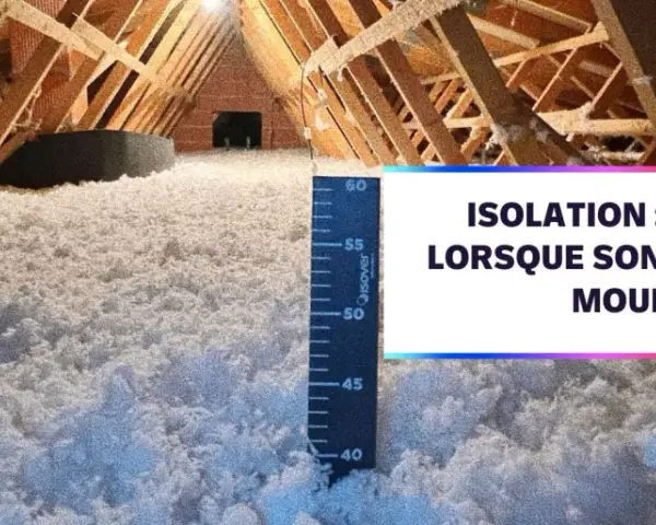Isolation d'un grenier avec de la laine de coton. Une règle mesure l'épaisseur de l'isolant.