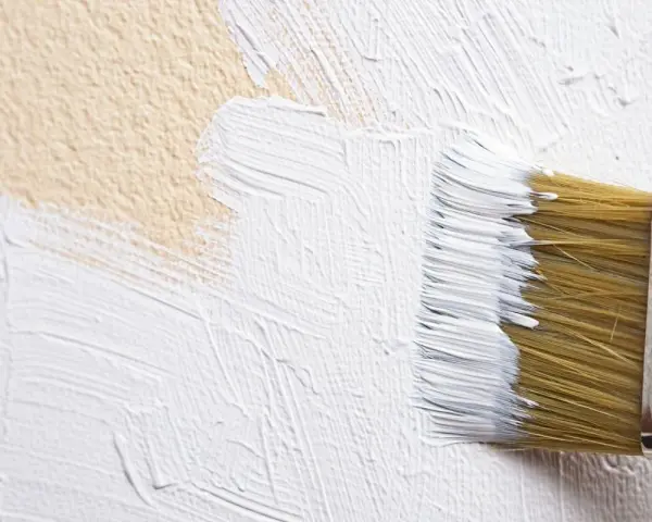 Un pinceau applique un badigeon de chaux blanc sur un mur texturé de couleur beige.