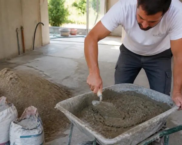 Un ouvrier mélange du ciment dans une brouette, préparant un chape maigre dosage pour une construction.
