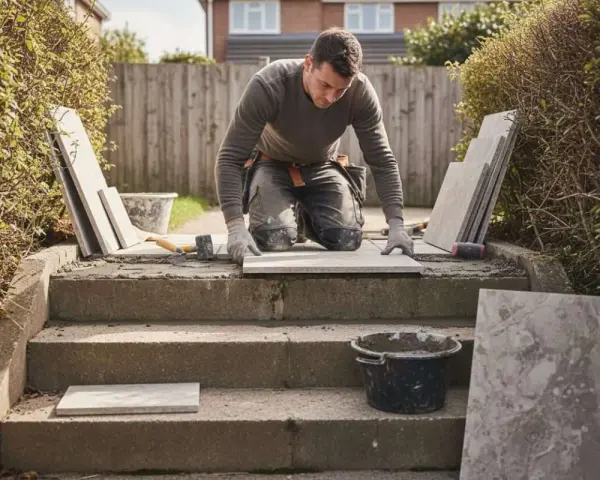 Un ouvrier pose des dalles sur un escalier extérieur en béton. Des outils et des matériaux sont à proximité.