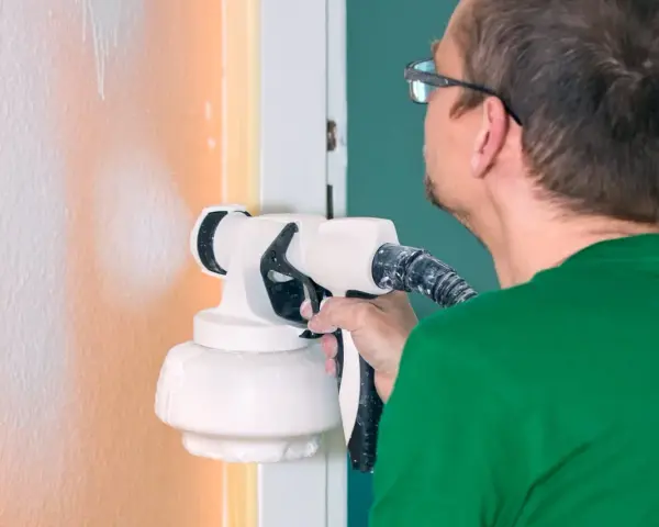 Un homme en t-shirt vert utilise un pistolet pour peindre un mur en orange.