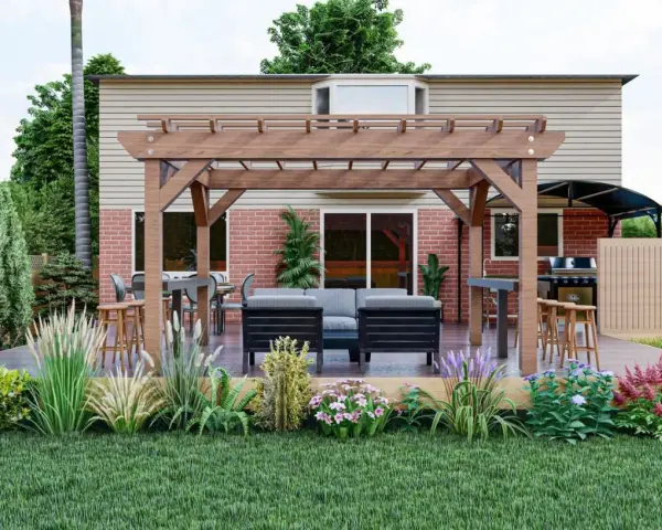 Un espace extérieur invitant avec pergola, salon, table et barbecue. Ce plan cuisine d'été est parfait pour recevoir.
