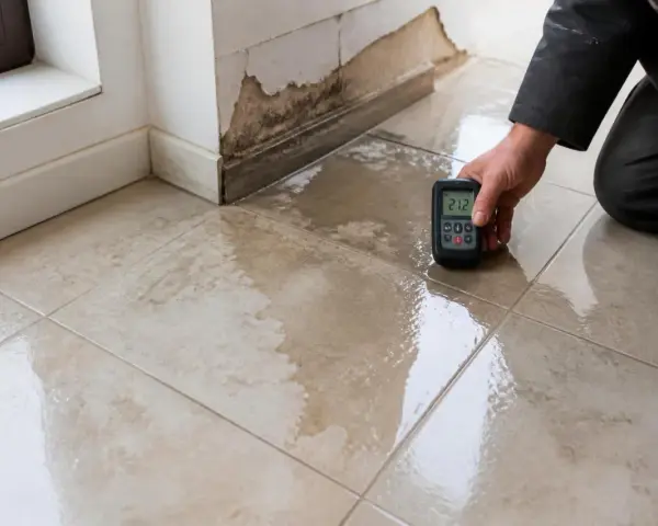 Un professionnel mesure l'humidité au sol carrelage près d'un mur endommagé par l'eau.
