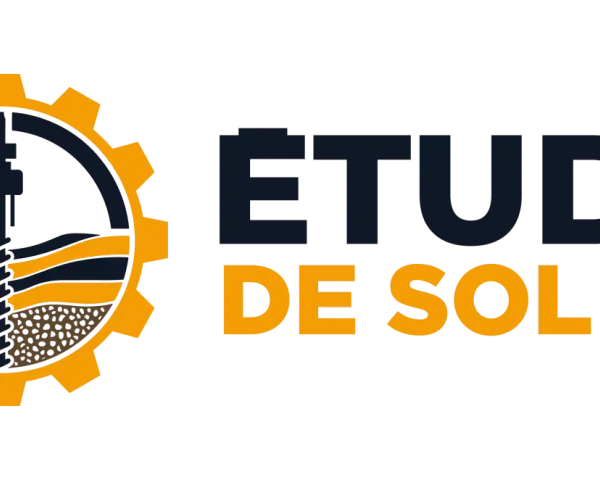 Logo d'une étude de sol G2 : une roue dentée jaune encadre un schéma de forage dans différentes couches de terre.