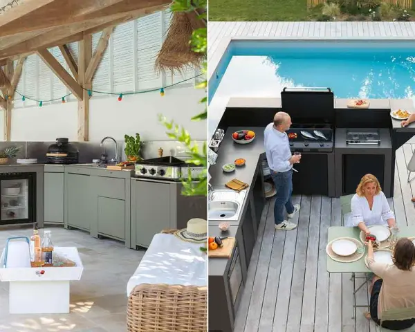 Deux cuisines d'été fait maison : une sous un auvent en bois, l'autre près d'une piscine avec des gens qui préparent un repas.