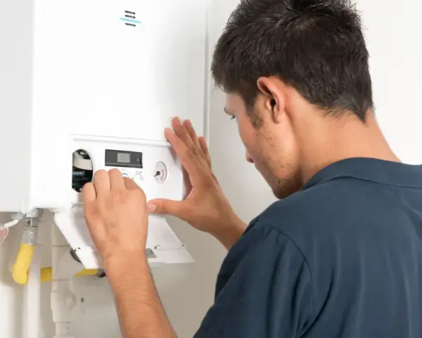 Un technicien ajuste une chaudière à condensation. L'installation est en cours, assurant un chauffage efficace.