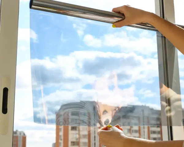 Application d'un film pour l'isolation des fenêtres. Mains tenant un film transparent devant une fenêtre avec un ciel bleu et des nuages.