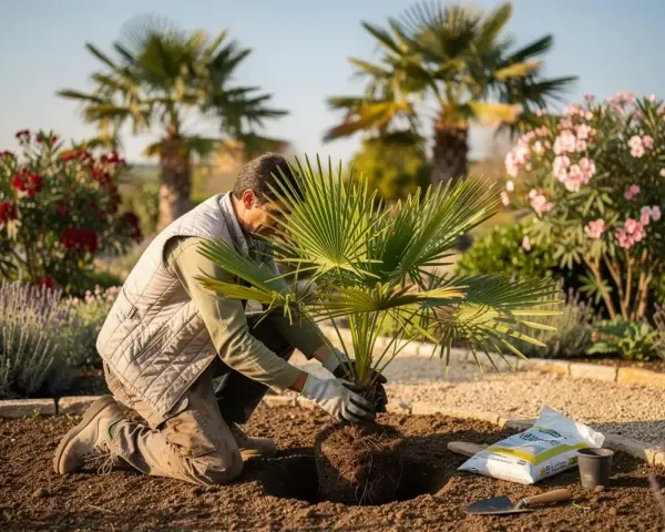 Un jardinier plante un jeune palmier, ajoutant une touche tropicale à son projet de création de jardin.